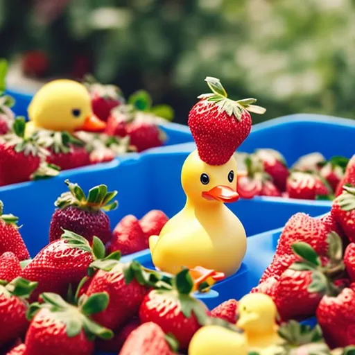 Prompt: a colorful plastic rubber duck picking strawberries

