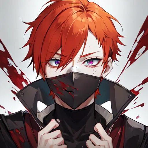 Prompt: Erikku male adult (short ginger hair, freckles, right eye blue left eye purple) covered in blood, covering his face with his hand, wide eyes, insane, fear, threatening, anime style, 