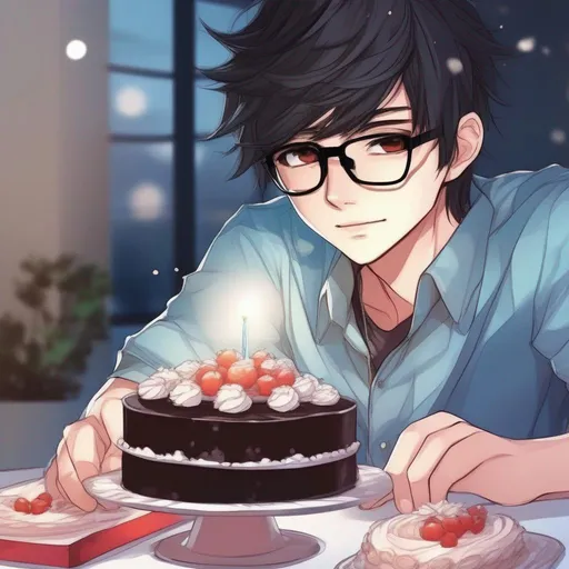 Prompt:   anime boy manhwa style cute and pretty, with eye pretty detailed,  slide of cake , with black hair, Bright style, Wear glasses, Detailed fingers