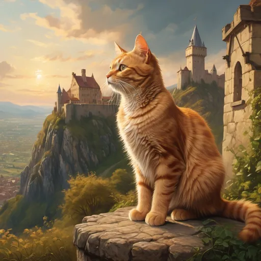Prompt: cat standing on a cliff, gazing at a medieval castle atop a mountain, 15th-century historical details, enchanting middle ages atmosphere, vibrant greenery contrasted by the rugged cliff, soft brushstrokes enhancing an oil painting style, warm golden light embracing the scene, dramatic sky with wispy clouds, immersive and wondrous, ultra-detailed, 4K quality masterpiece.