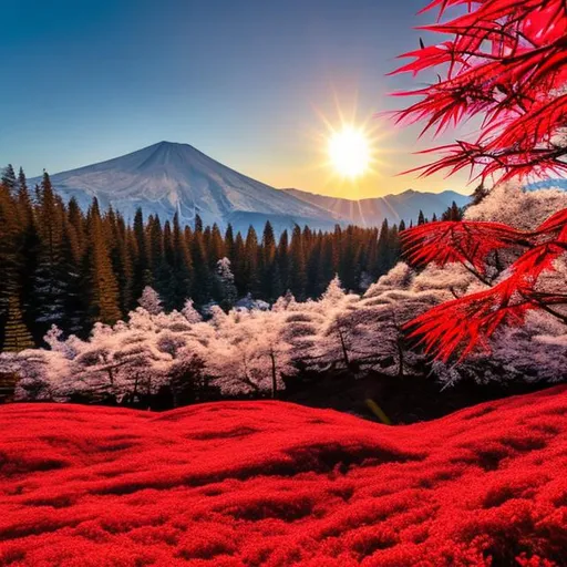 Prompt: Snow Covered Mountain, Bright Red Sunset, green meadows with red flowers,  Japanese Maple in the center.