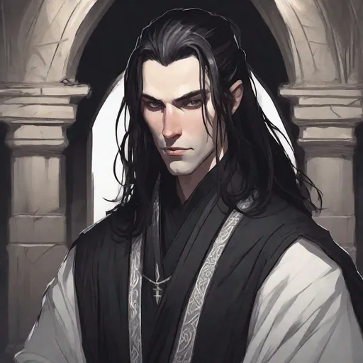 Prompt: dnd a handsome man with pale white skin and long black hair in a man bun wearing black robes in a dark crypt 