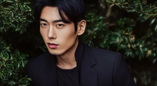 Prompt: photo realistic portrait of stylish asian man in his late 20s, short black hair, mole beneath eye, centered in frame, loose tie, relaxed lips, k-pop star, facing camera, symmetrical face, ideal human, 85mm lens,f8, photography, ultra details, natural light, bright corporate background, photo, Studio lighting