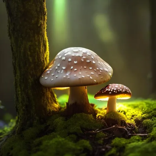 Prompt: A photorealistic close-up of a mushroom on a moss-covered tree trunk illuminated by a shaft of light.