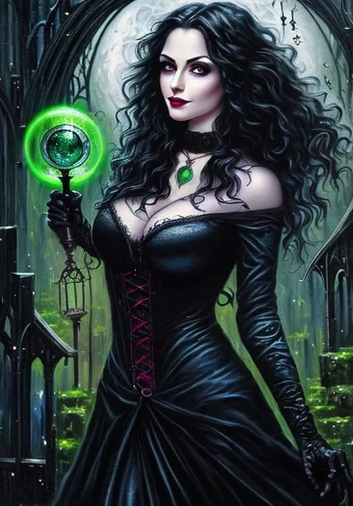 Prompt: emerald necklace,  piercing gaze, green eyes, attractive necromancer, beautiful face, victorian gothic black dress, cleavage,  "Luis Royo", wand, magic, glowing eyes, oil painting,  high quality, dark fantasy, very detailed, cleavage, ruby amulet, beautiful face, piercing eyes, amulet, vampire, oil painting, very big eyes, high quality, beautiful, female wizard queen, sultry,  clear visible face,  dark fantasy, Phoebe Tonkin, Alexandra Daddario, Ariana Grande, Natalie Portman, cleavage