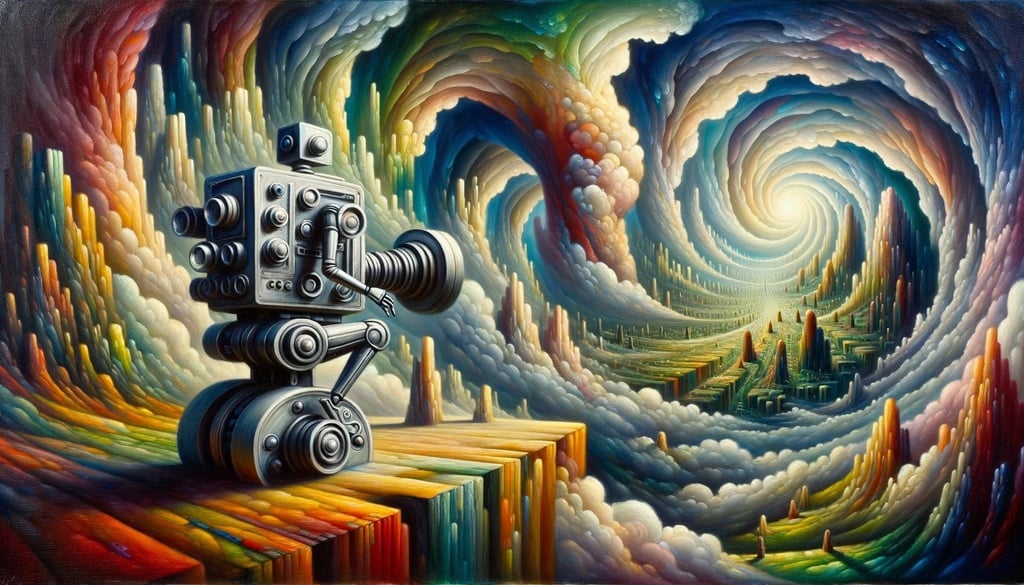 Prompt: oil painting of a robot amidst a surreal landscape, echoing the essence of avant-garde cinema with imaginative manipulation of perspective.