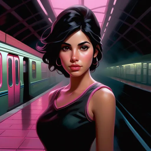 Prompt: Third person, gameplay, Mexican girl, pale olive skin, black hair, dark brown eyes, late 2010s, abandoned subway station, foggy, dark pink atmosphere, cartoony style, extremely detailed painting by Greg Rutkowski and by Henry Justice Ford and by Steve Henderson 