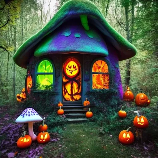 Prompt: Psychadelic mushroom trip small cottage in the woods halloween
