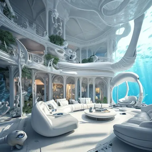 Prompt: a living room filled with lots of white furniture, under water deep sea laboratory, stunning render, curved perspective, floor to ceiling window, scuba mask, 3d printed building, trending on pinterest，maximalist, inspired by Enguerrand Quarton, cephalopod, dubai, unreal engine 5 - w 1024