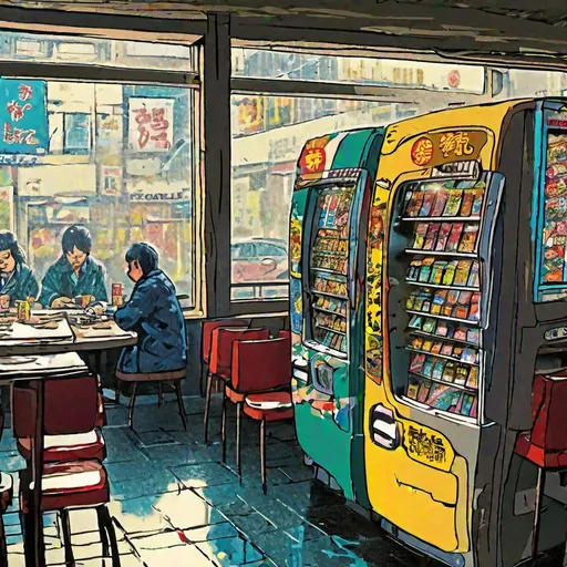 Prompt: vending machine restaurant. osaka, japan. raining. early morning sunlight through the window. one customer. putting money in machine. tables and chairs. more paint brush stylization. larger perspective. zoom out. include more tables and chairs. sunlight through window. Show the interior of the restaurant. More comic book style art. painted. More detail of the vending machines. Jack Kirby inspired art circa 1970's. REALISTIC. PHOTO REALISTIC PAINTED COMIC STYLE. 