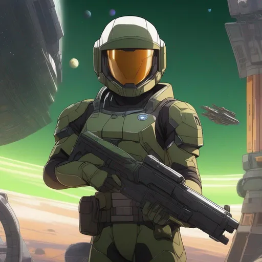 Prompt: Seen from distance. Whole body. Full figure. An african scifi soldier in olive green armor. He has a Destiny 2 helmet. In background earth from the space. 
He wields a rifle. In background a scifi station in space. Anime. Rpg art. Akira art. 2d art. 2d. 