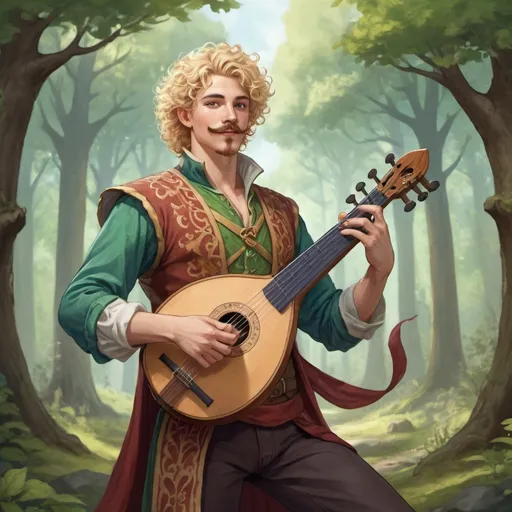 Prompt: Full body, Fantasy illustration of a male bard, 25 years old, attractive, blond perm hair, moustache and goatee, elegant colorfull clothing, playing a lyre, ecstatic expression, singing, high quality, rpg-fantasy, detailed, cletic forest background