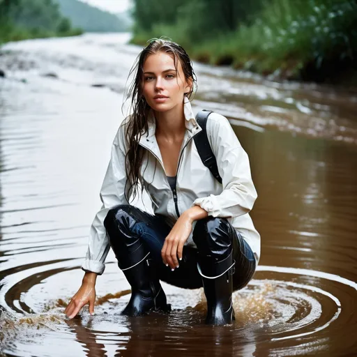 Prompt: photo of young woman, in soaking wet clothes, wet boots, leather jeans, white ,  , river,   enjoying, wet clothes stuck to body,  detailed textures of the wet clothes, wet face, wet plastered hair,  wet, drenched, professional, high-quality details, full body view 