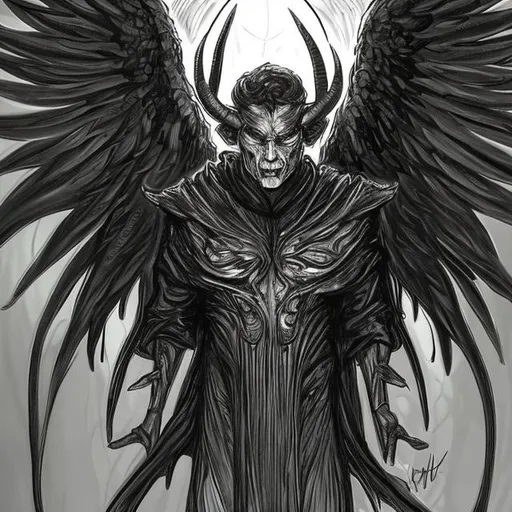 Prompt: draw an angel in a tight background with long horns with the face of Dean from Supernatural and black wings in a mantle and in the foreground a 2018 Chrysler 300C 