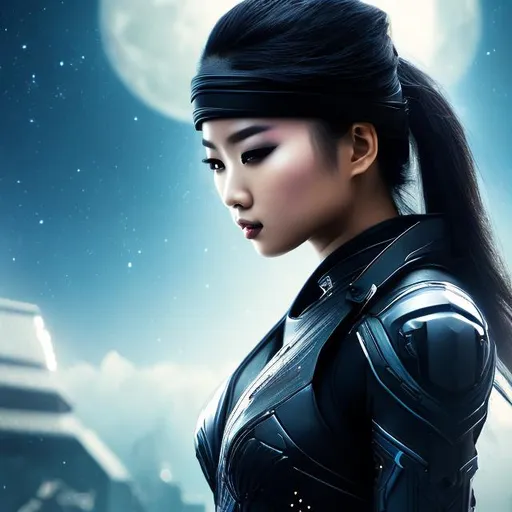 Prompt: create photograph of beautiful female ninja who is wearing bright elite black futuristic ninja suit,  night time and beautiful sky  space and planets an nebulae in sky highly detailed, detailed face, extremely detailed environment, extremely detailed background, extremely detailed skin, extremely detailed clothing, natural colors , professionally color graded, photorealism, 8k, realistic, moody lighting, galactic environment, volumetric lighting