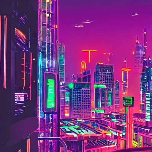 Prompt: Simple cat sitting neon cyberpunk city view