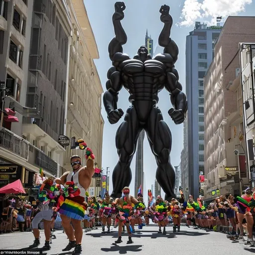 Prompt:  9000 foot tall giant muscular bodybuilder packed with muscle fills town, dwarfing other men at a Pride parade 