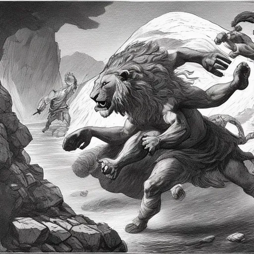 Prompt: Me  ( a gangsta) fighting Sisyphus in lion form along the nile river in 105 A.D.