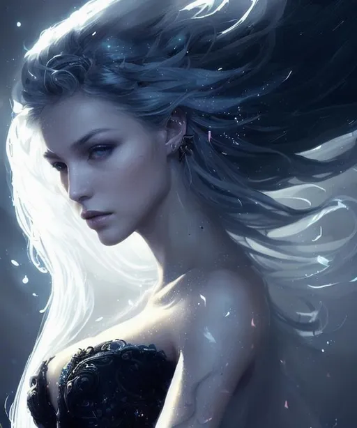Prompt: A beautiful fantasy female, white skin, ornate jewelry, highly detailed full body , just one head, long white hair, shimmering, wearing dark blue dress, dark cloud background with stars, epic composition, ultra wide-shot, dynamic pose, concept art, dramatic lighting, digital painting, smooth, character design, ((sharp focus))