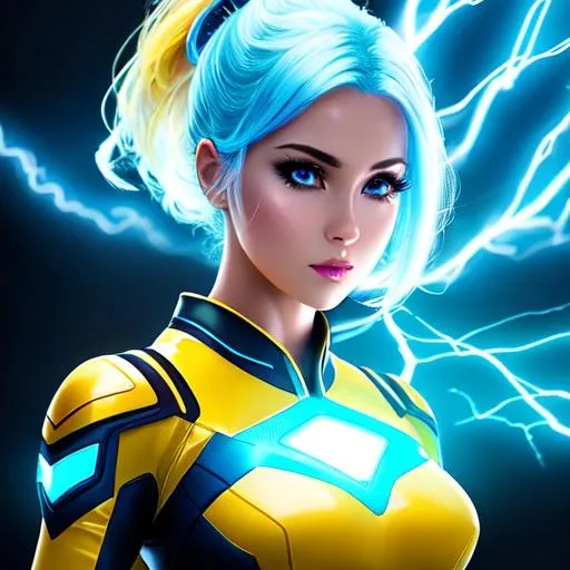 Prompt: electric girl,  superhero electric costume oil painting, UHD, 8k, Very detailed, cinematic, realistic, photoreal, trending on artstation, sharp focus, studio photo, intricate details, full body, beautiful girl, yellow and blue electric hair, lightning