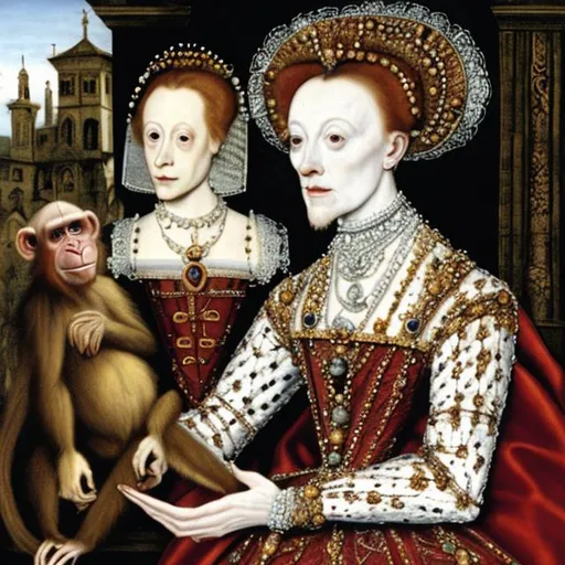 Prompt: Elizabeth I holds a monkey
