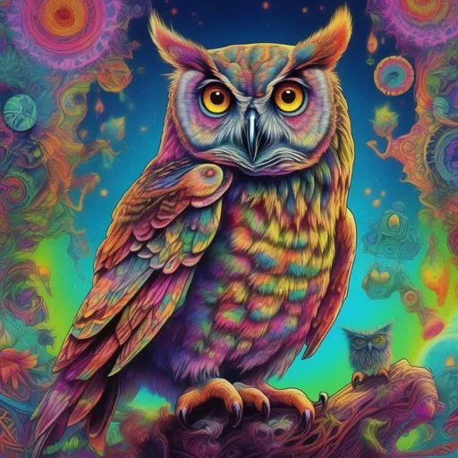 Prompt: hyper detail, owl, acid/lsd, vibrant, psychedelic