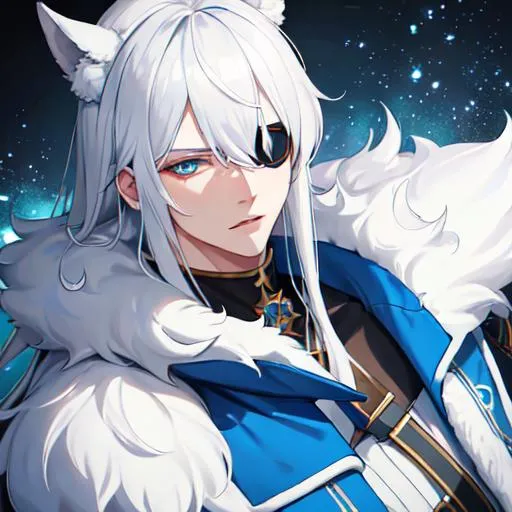 Prompt: Russia as a male human, 8k, UHD,  highly detailed, white hair, blue eyes, wearing a fluffy giant jacket and a ushanka, wearing an eye patch, close up