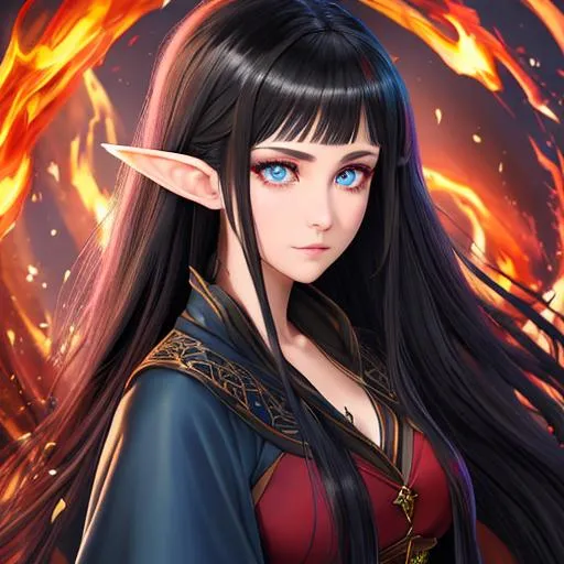 Prompt: "Full body, oil painting, fantasy, anime portrait of a young hobbit woman with flowing ash black hair and dark blue eyes, short elf ears | Elemental fire sorceress wearing intricate fiery red wizard robes, #3238, UHD, hd , 8k eyes, detailed face, big anime dreamy eyes, 8k eyes, intricate details, insanely detailed, masterpiece, cinematic lighting, 8k, complementary colors, golden ratio, octane render, volumetric lighting, unreal 5, artwork, concept art, cover, top model, light on hair colorful glamourous hyperdetailed medieval city background, intricate hyperdetailed breathtaking colorful glamorous scenic view landscape, ultra-fine details, hyper-focused, deep colors, dramatic lighting, ambient lighting god rays, flowers, garden | by sakimi chan, artgerm, wlop, pixiv, tumblr, instagram, deviantart