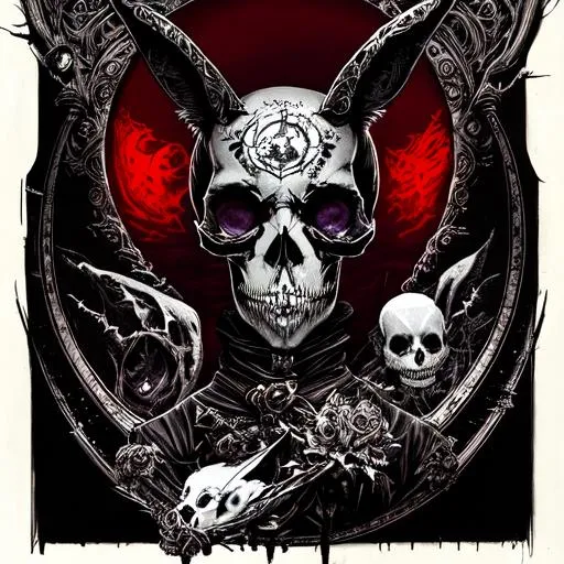 Prompt: Dope, gothic, the skull, the white rabbit and the moon, dark academia, fantasy, epic masterpiece, inkpunk, nvinkpunk concept art by artists Clive Barker, Dan Mumford, Butcher Billy and Russ Mills; intricate and elegant; moody, dark red, black grays ; maximalist, golden ratio, occult, pagan, symbols