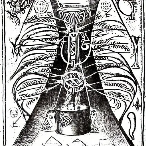 Prompt: the sacred cup of understading, the graal, an alchemical art illustration, medieval manuscript illustration, occult art, alchemical diagram, sacred geometry, low contrast, etching, intrincate details, highly ornamental