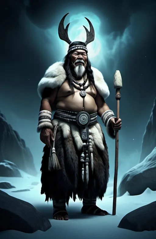 Prompt: Full body Fantasy illustration of an (Ilisiituk), a male old evil Inuit shaman, wearing (traditional Inuit garments), sinister and malicious look, evil expression, dark color scheme, glowing ambient light, magical elements surrounding, nature-inspired background, eerie atmosphere, rich textures, captivating details, ethereal mood, high-quality, ultra-detailed.