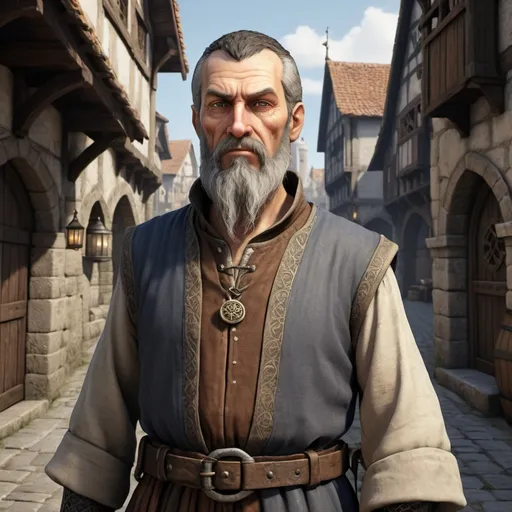 Prompt: Full body image of a stern, skinny 50-year-old medieval merchant with a beard, wearing fine medieval garments, high quality, RPG fantasy game style, detailed facial features, intricate clothing patterns, medieval city backdrop, focused expression, realistic lighting, professional, detailed beard, medieval merchant, medieval fantasy, stern look, skinny, fine garments, detailed clothing, RPG style, medieval city, detailed face, realistic lighting