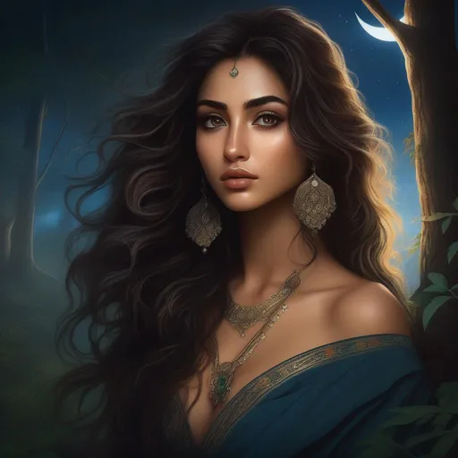 Prompt: highest quality anime art masterpiece, digital drawing, Azerbaijani woman with long black thick wavy messy hair:vistani, sad in a forest on a dark foggy night, big brown eyes, tanned skin:2, waxing moon, huge long wide broad hooked greek aquiline algerian oriental arabic nose, ethereal, jewelry set, highres, realistic, highly detailed, fantasy, gypsy, roma, D&D, Ravenloft, by Ilya Kuvshinov