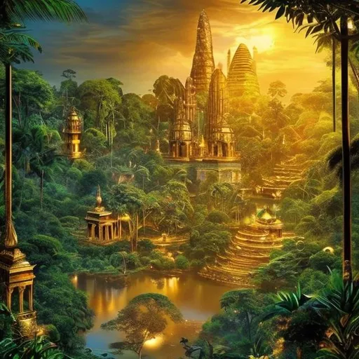 Prompt: A golden city hidden deep within the jungle