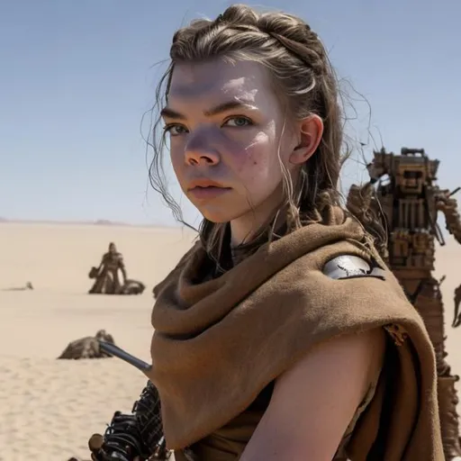 Prompt: anya taylor-joy, detailed face, skinny, anorexic, tall, military, cyborg, desert armor, tusken raider, bandaged arms, tan poncho, desert, mountain, scifi, futuristic