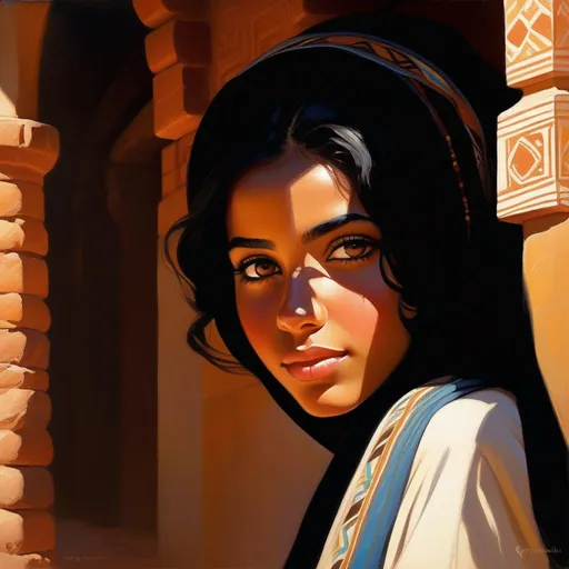 Prompt: Amazigh girl, light skin, black hair, dark brown eyes, in Algeria, cartoony, sunny atmosphere, extremely detailed painting by Greg Rutkowski and by Henry Justice Ford and by Steve Henderson