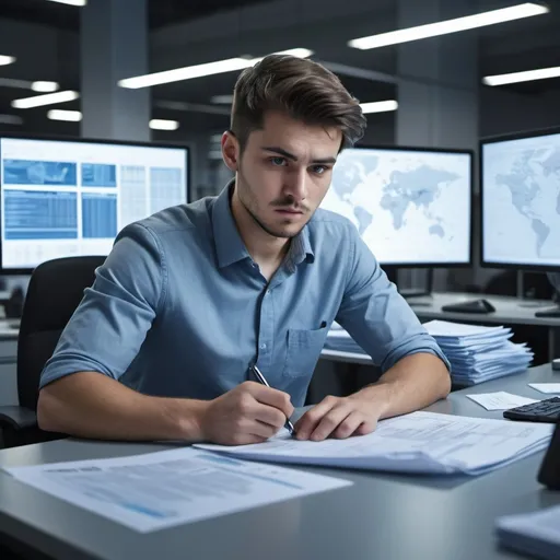 Prompt: Create an image of a 25 year boy working passionately in a cargo office 