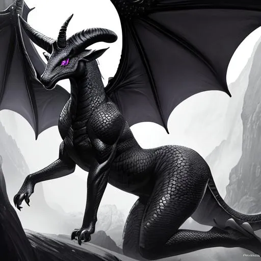 Prompt: Full-body detailed masterpiece, fantasy, high-res, 2D image, cell shaded, quality upscaled image, 4k, perfect composition; subject of this image is a bipedal female dragon, black scales, athletic body, detailed grey woman face, beautiful webbed ears, large detailed wings, complex ram horns, extreme detailed muscles, extreme detailed abs, c-cup
