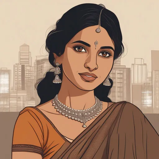 Prompt: illustration of an urban Indian woman, front facing, wearing saree, brown eyes, fair skin, minimal jewellery, cartoony style