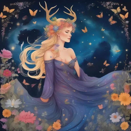Prompt: A colourful and beautiful Persephone, she is a dragon woman, with scales for skin, antlers and gems in her blond hair. In a beautiful flowing dress made of wildflowers. Surrounded by butterflies and birds. Framed by a nighttime sky of clouds, stars and constellations. in a painted style