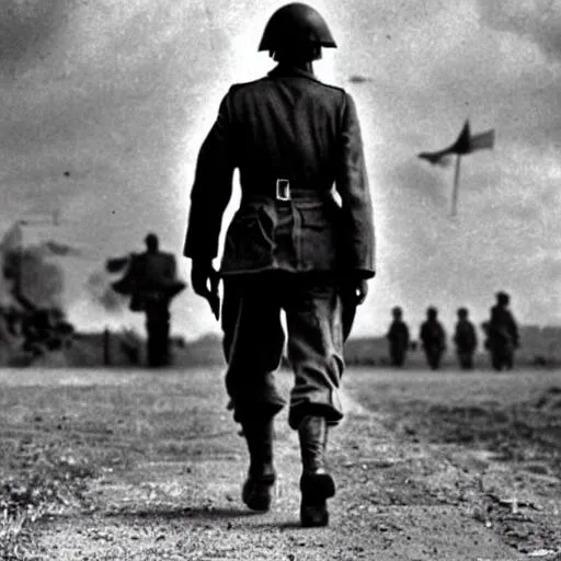 Prompt: ww2 soldier walking away in black and white