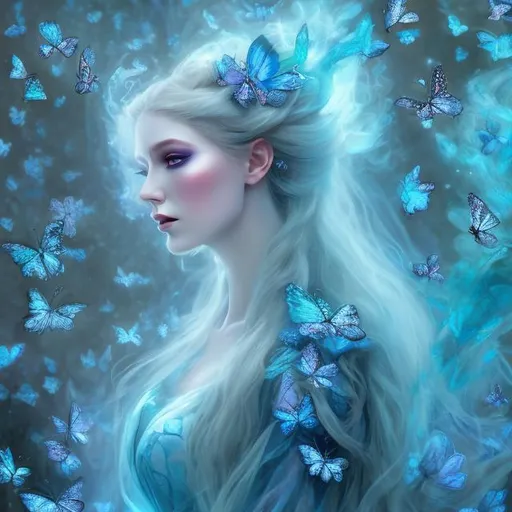 Prompt: ethereal fantasy maiden, Queen of the woodlands, villain, dressed in a modest villain dress, half her face changing and into a swarm of blue butterflies.
epic ethereal painting 