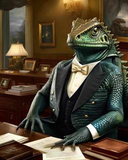 Prompt: A big lizard faced man wearing a formal outfit sitting in the president's office table realistic a painting behind him looking at us other men working under him in office realistic hd art unique 