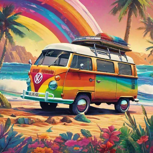 Prompt: vw t1 hippi style, surfer, rainbow colors in background, landscape beach with waves, Hyperrealistic, splash art, concept art, mid shot, intricately detailed, color depth, 64k, colorful background