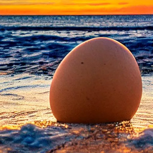 Prompt:  a egg cracking in sunset at beach