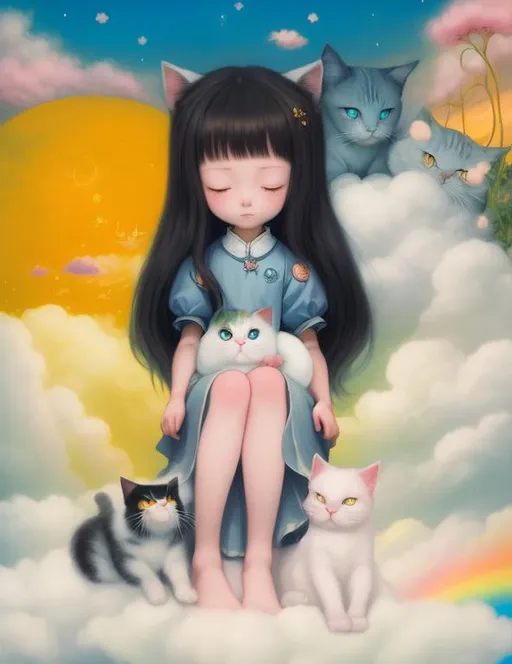 Prompt: a girl sitting on a cloud, with her cats, peace, twee, fantasy, happiness, highly detailed, pretty colors, detailed illustration by junko mizuno artem demura, depth of field, 5d, octane, wlop