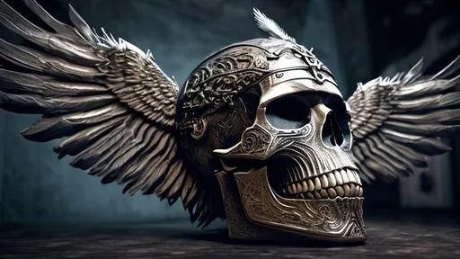 Prompt: 3d frontal view of metallic Viking etched skull surrounded by highly detailed realistic wings of eagle feathers dark cinematic hyper real 