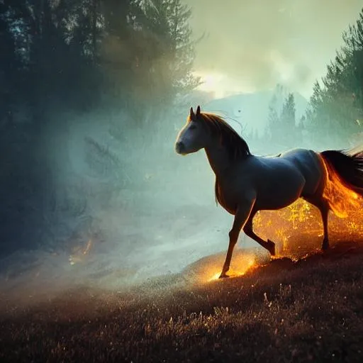 Prompt: Beautiful horse with flowing mane glowing mane running in forest fire cinematic quality by Greg rotkowski