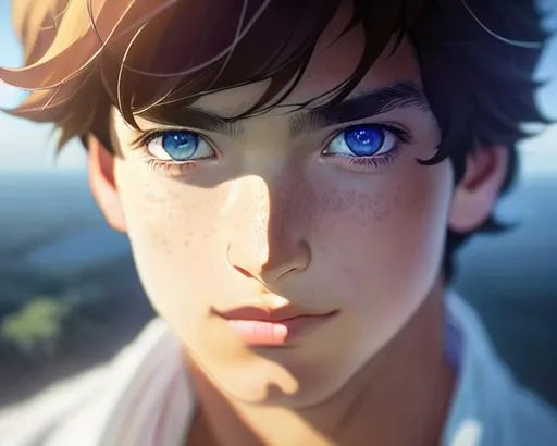 Prompt: Closeup face portrait of a {person}, male, shaved, blue eyes, small freckles, smooth soft skin, slightly wide eyes, curly light colored hair, symmetrical, teenager, round face, happy, soft lighting, detailed face, by makoto shinkai, stanley artgerm lau, wlop, rossdraws, concept art, digital painting, looking into camera, blue wizard robe, elf ears