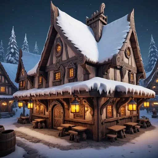 Prompt: Viking tavern, entire structure, wooden materials, snow covered, thiefs guild, intricate carvings details, 
immersive world-building, high quality, detailed, epic scale, fantasy, game style, vibrant colors, midtown, nightfall